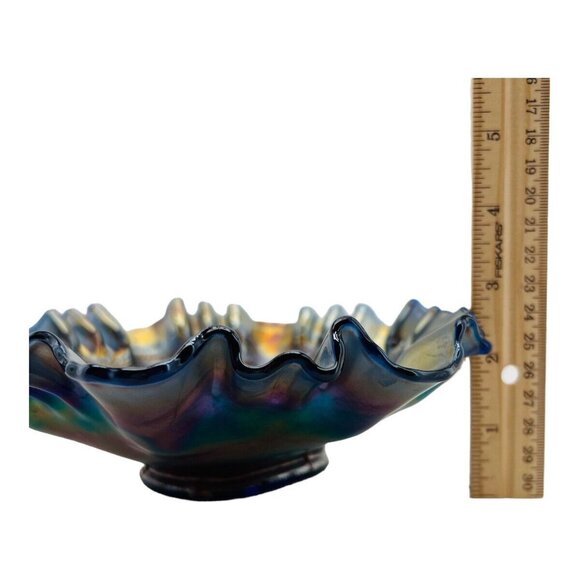 Antique Fenton Carnival Glass Heart & Vine Bowl Iridescent Ribbon Peacock Blue - Picture 10 of 10